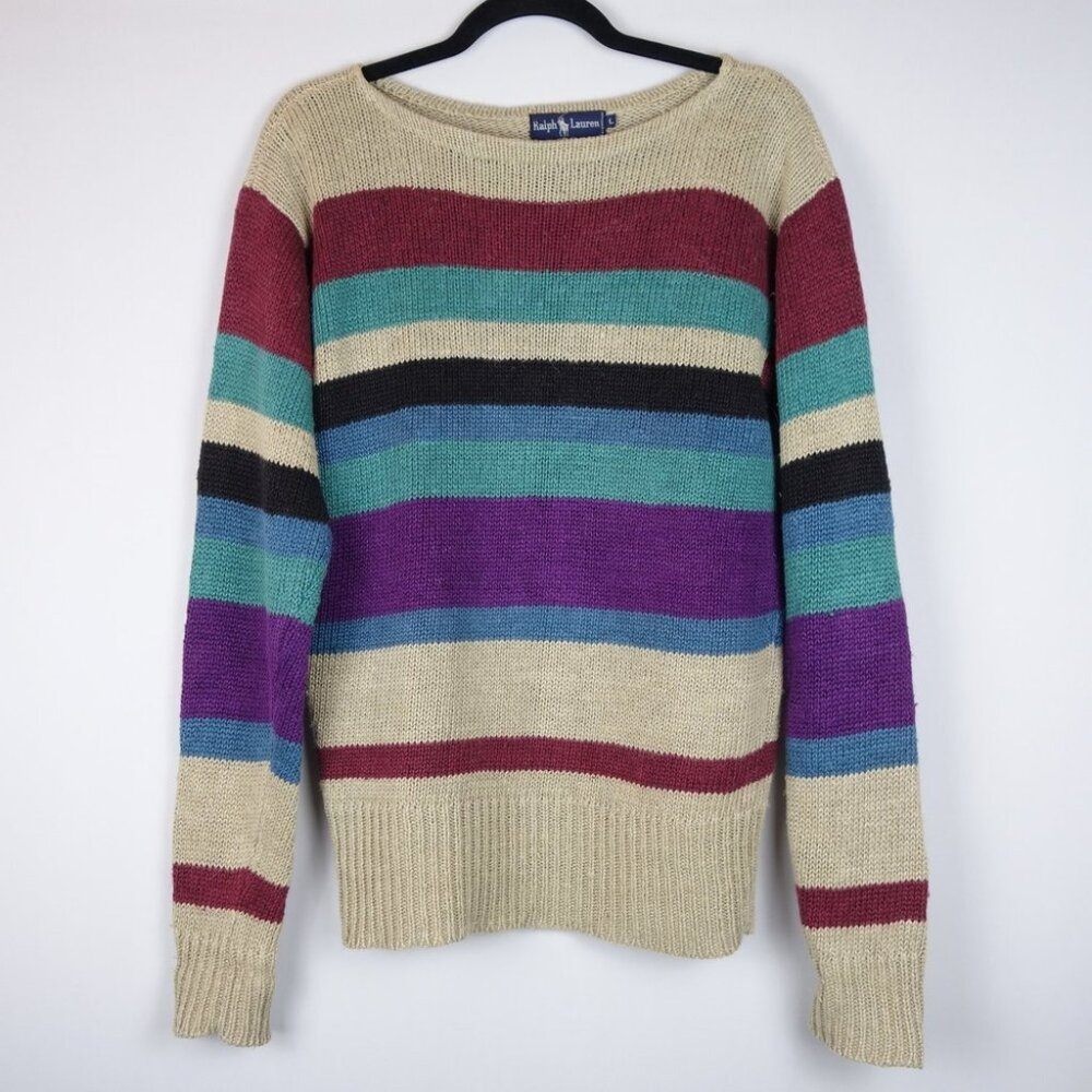 Vintage Ralph Lauren 100% Linen Multi-Stripe Knit Crewneck Sweater, Size Large